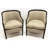 TUB CHAIRS, a pair, Swedish Art Deco, ebonised frames with linen upholstery, 80cm H x 61cm W. (2)