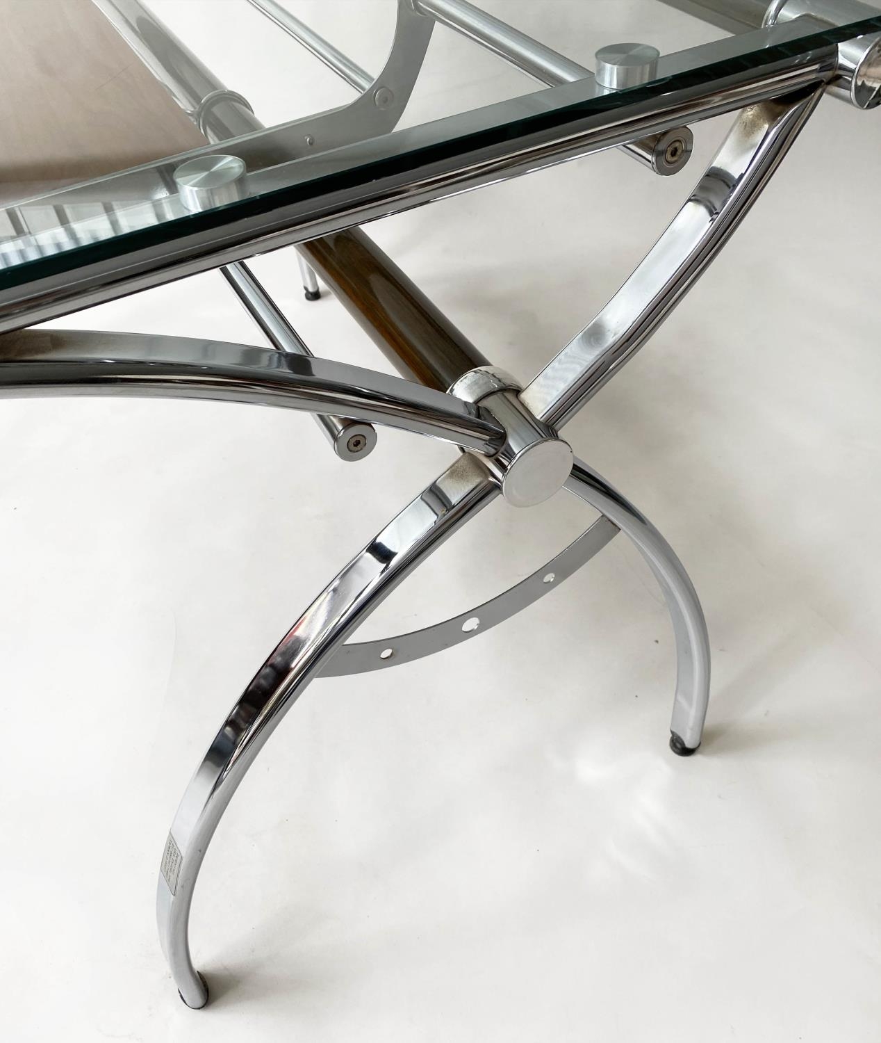 WRITING TABLE DESK, contemporary chromium and frame support with plate glass and pull out teak - Image 3 of 8