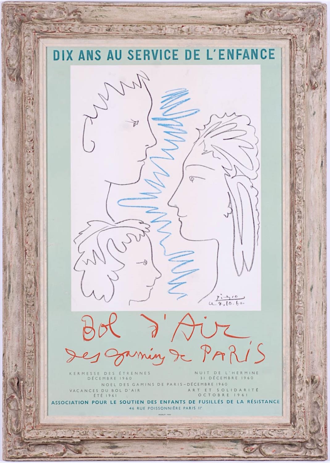 PABLO PICASSO, Rare Bol d'Air lithograph, after the original drawing, Art et Solidarite, signed in