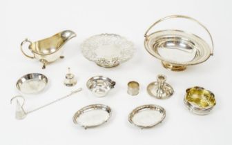 QUANTITY OF SILVER AND SILVER PLATE, including a pair of footed small pin trays, two dishes, bell,