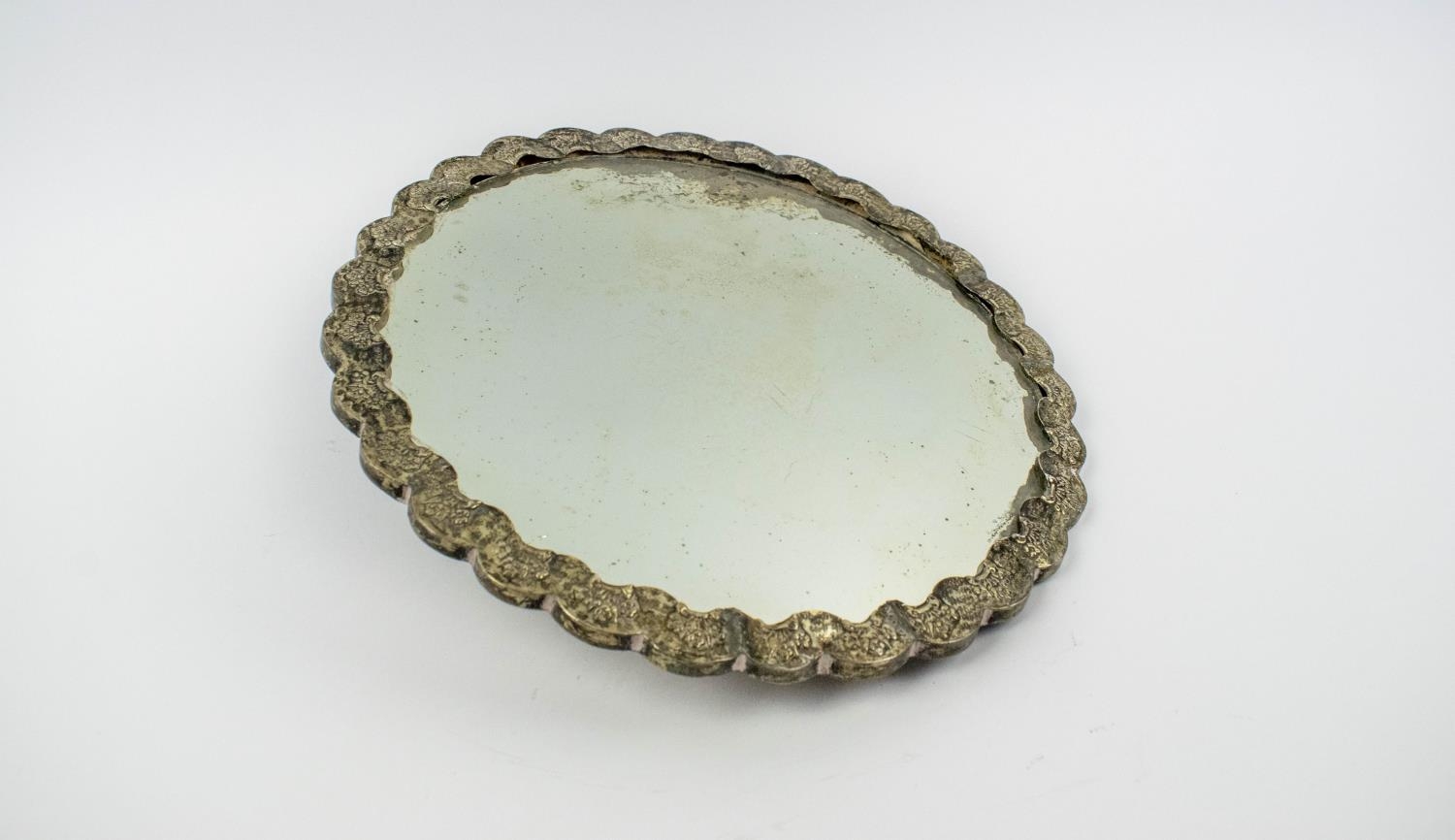 OTTOMAN SILVER REPOUSSE MIRROR, with foliate decoration and mounted bird, 28cm diam. - Image 3 of 5