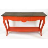 CONSOLE TABLE, French style red lacquered with single frieze drawer, 81cm H x 140cm W x 41cm D.