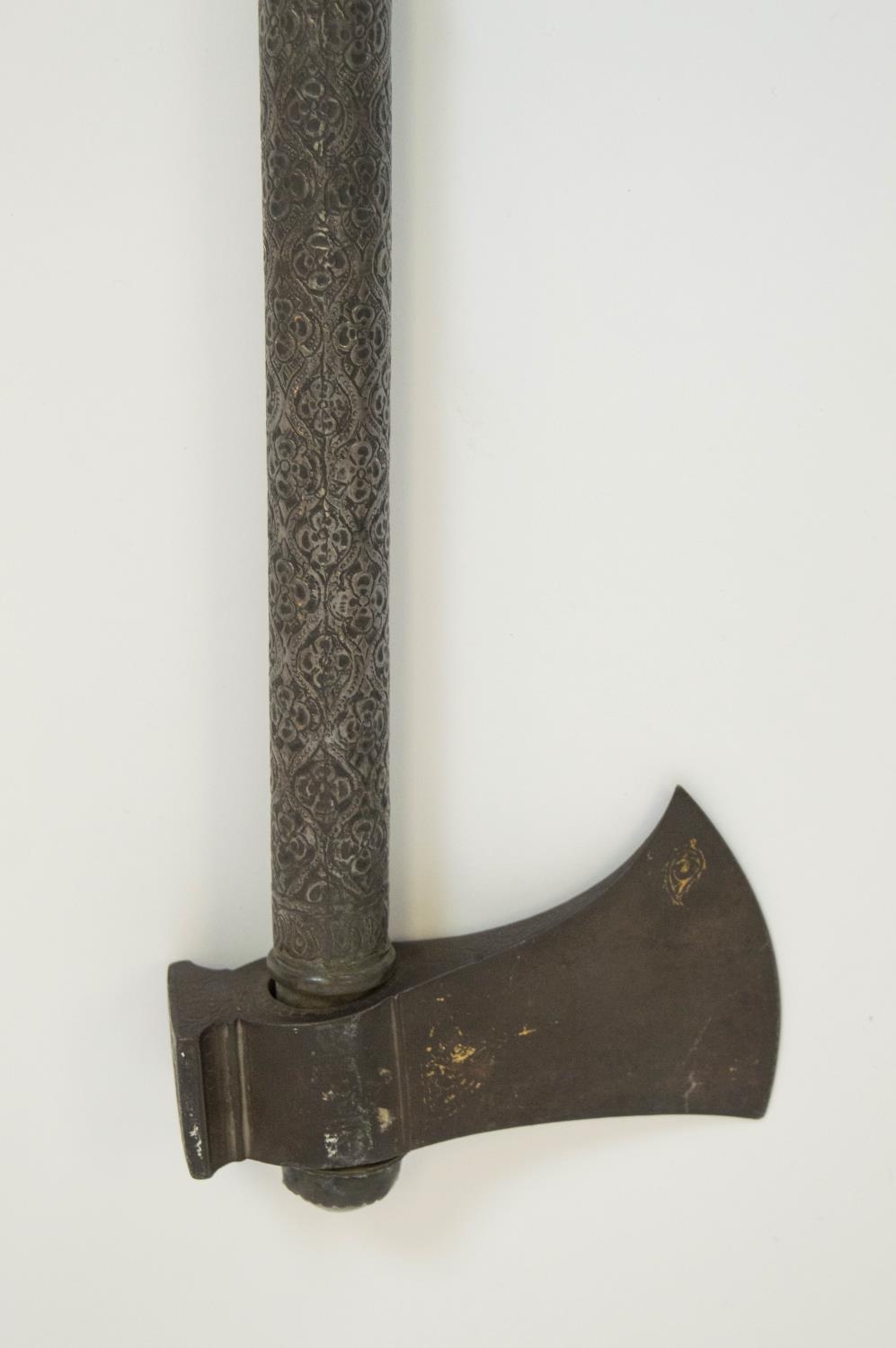 A 'TARBARZIN' PERSIAN SADDLE AXE, 19th century, traces of gilt decoration to blade with rock crystal - Image 8 of 9