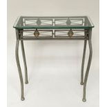 CONSOLE TABLE, 66cm W x 33cm D x 76cm H, Spanish style, moulded edge glass top, on wrought iron