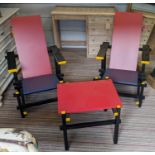 AFTER GERRIT THOMAS RIETVELD RED AND BLUE STYLE CHAIRS, a pair, 87cm H and a military style side