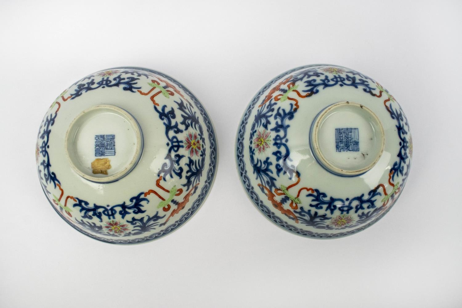 CHINESE DOUCAI ENAMELED BOWLS, a pair, underglaze blue with foliate enamel decoration character mark - Image 5 of 9