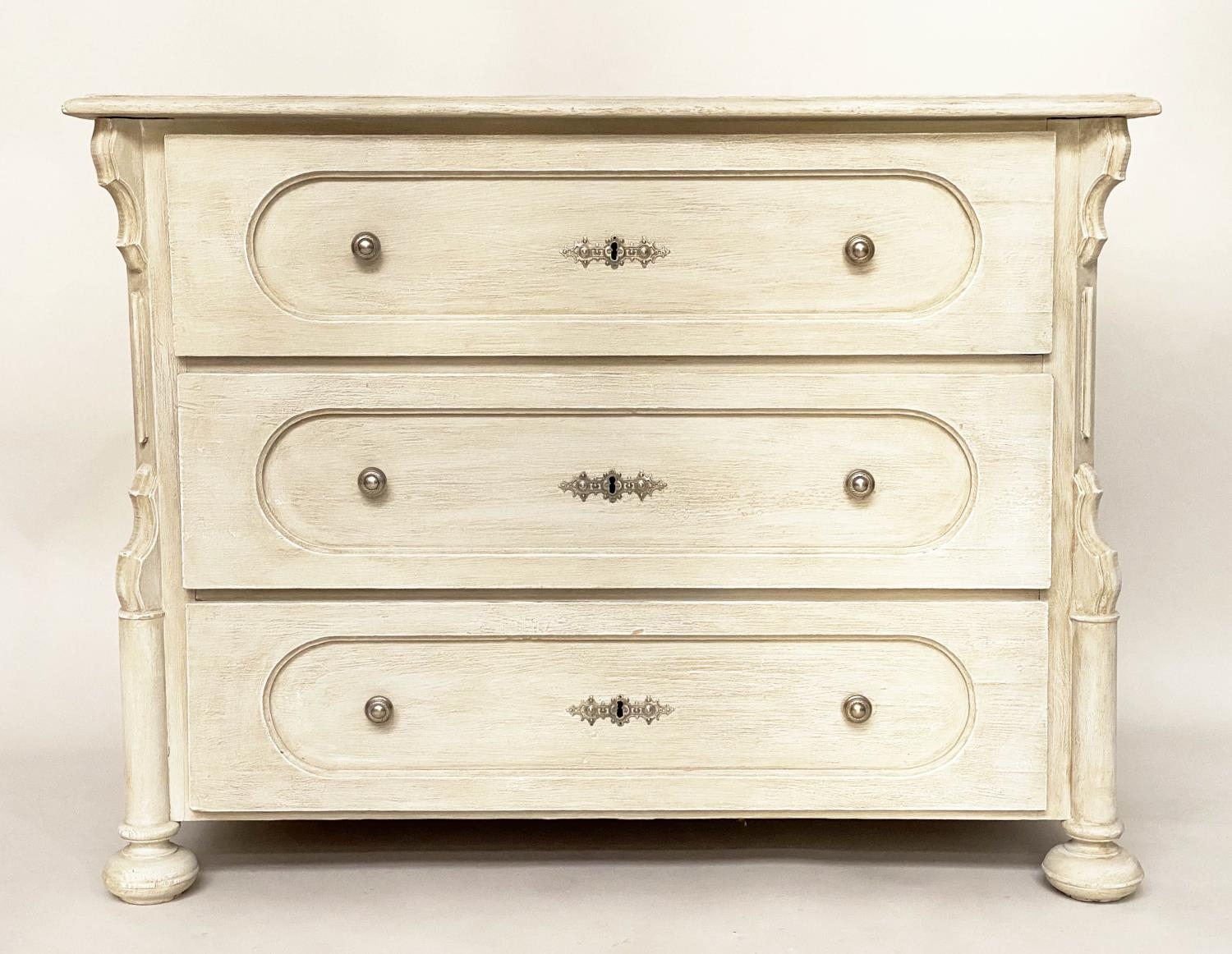 COMMODE, 19th century French Napoleon III grey painted with three long drawers, 106cm x 80cm H x