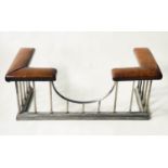 CLUB FENDER, 19th century studded tan leather seats, raised upon polished metal shaped balustrade,