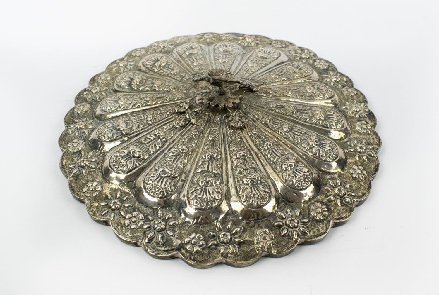 OTTOMAN SILVER REPOUSSE MIRROR, with foliate decoration and mounted bird, 28cm diam. - Image 2 of 5