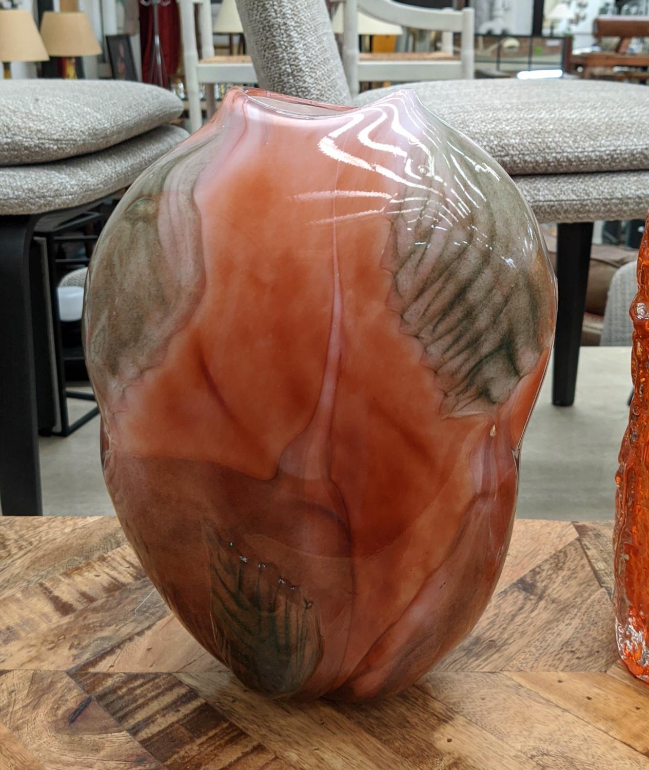 ART GLASS VASES, three, to include a Whitefriars tangerine bark vase and two others, largest 33cm H. - Image 2 of 8