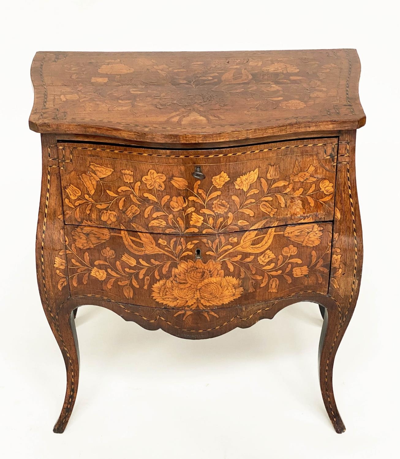 DUTCH COMMODE, 19th century mahogany and satinwood foliate inlaid of bombe form with two drawers, - Bild 2 aus 3