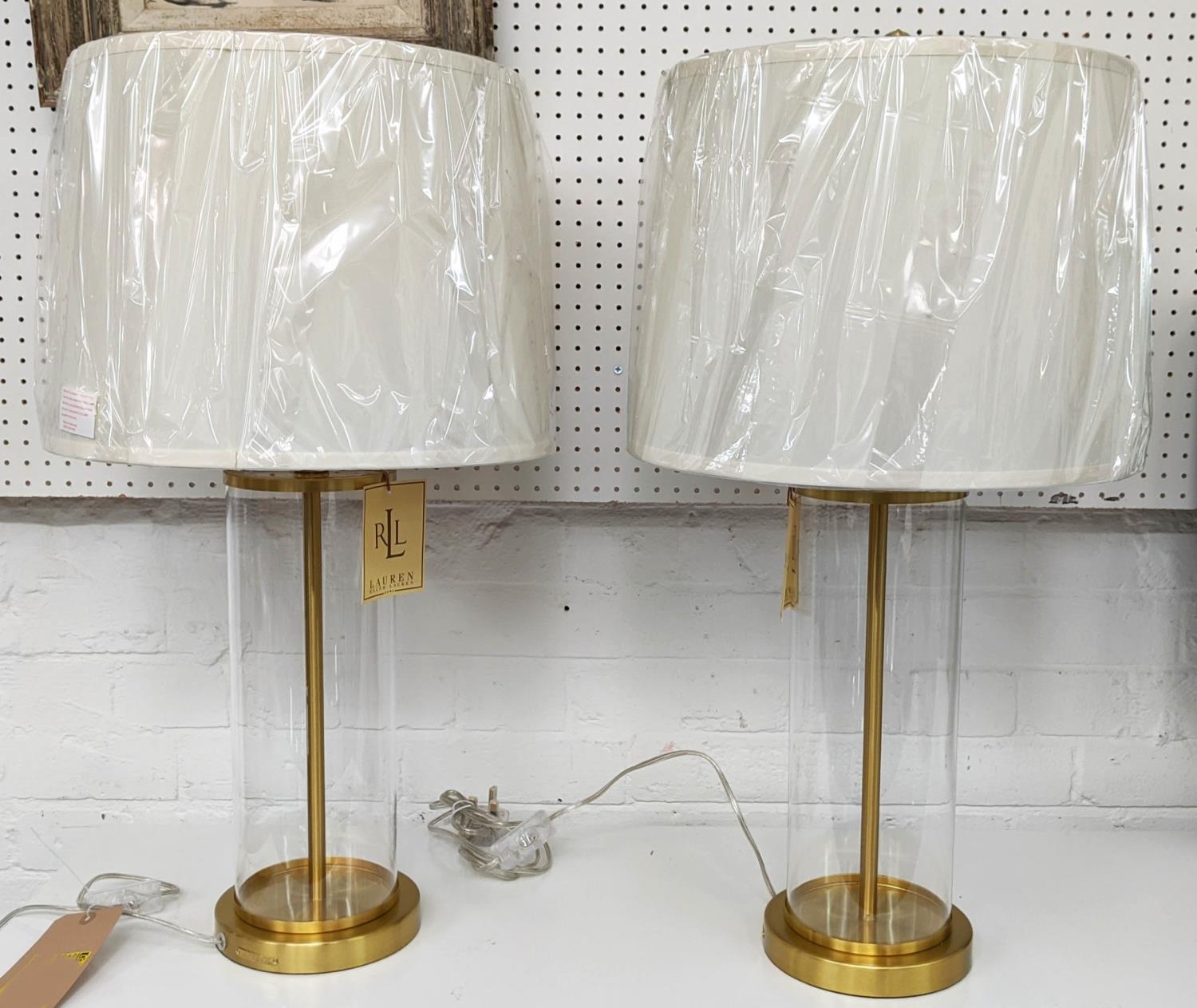 LAUREN RALPH LAUREN TABLE LAMPS, a pair, with shades, glass and gilt, 71cm H in total. (2)