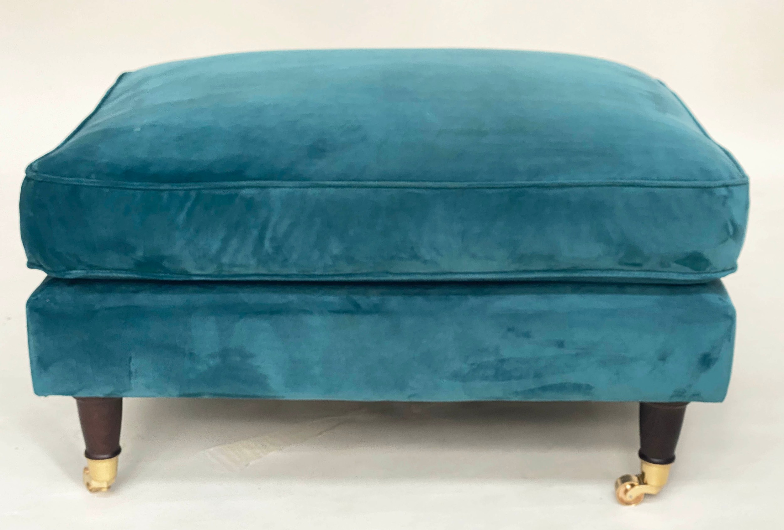 FOOTSTOOL, contemporary ocean blue velvet upholstered, turned supports with gilt metal castors, 76cm - Image 3 of 4