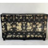 CHINESE SIDE CABINET, 19th century lacquered, with floral painted and incised geometric