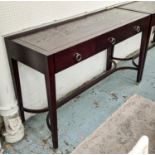 BEN WHISTLER CONSOLE TABLE, 140cm W x 87cm H x 52cm D with three drawers having polished nickel ring