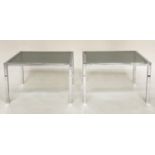 MANNER OF MERROW ASSOCIATES SIDE TABLES, a pair, 1970s square chrome framed with sepia glass, 61cm x