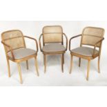 CONSERVATORY ARMCHAIRS, a set of three mid 20th century, bentwood with arched caned backs and