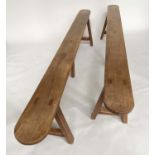 BENCHES, a pair, 19th century French cherry wood rectangular with trestle supports, 231cm W. (2)