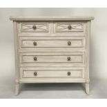COMMODE, continental style grey painted with two short and three long drawers, gilt highlights and