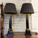 COLUMN LAMPS, a pair each 85cm tall overall including shades, black with metal detail. (2)