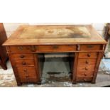 CENTRE PEDESTAL DESK, 74cm x 78cm H x 129cm, 19th century Continental mahogany with inlaid leather