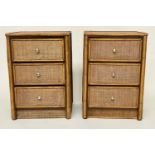 BEDSIDE CHESTS, a pair, bamboo framed and cane panelled each with three drawers, 54cm W x 64cm H x