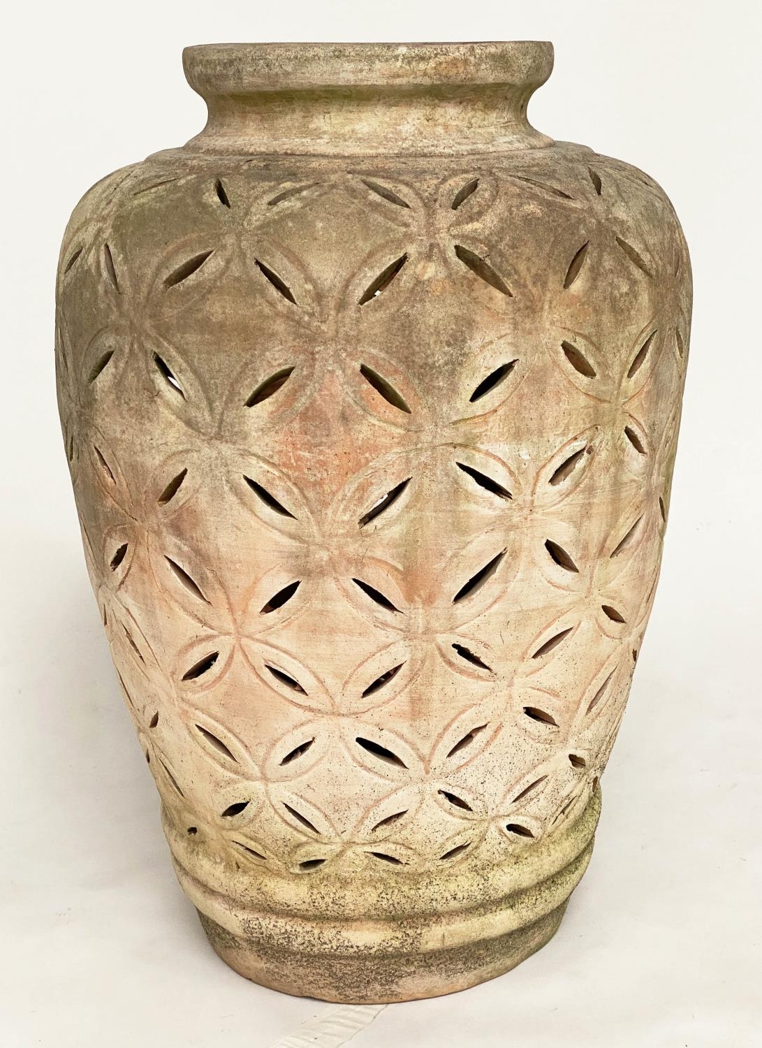 OLIVE JAR, stamped weathered terracotta with crescent piercing throughout, 76cm H. - Image 4 of 6