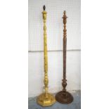 STANDARD LAMP, cream and gilt floral decorated 161cm H and another, carved hardwood 155cm H. (2)