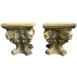 GARDEN STOOLS/STANDS, a pair, stone mythical lion design, each 45cm H x 38cm x 38cm. (2)