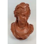 TERRACOTTA HEAD OF A YOUNG WOMEN, 19th century fete Champetres style, 50cm H.