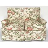 SOFA, Victorian two seater with country house climbing rose linen loose cover upholstery and