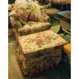 ARMCHAIR, 96cm x 77cm H, floral chintz upholstery and footstool. (2)