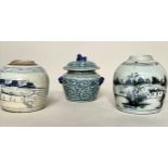 CHINESE JARS, blue and white ceramic a lidded mille fleur jar and two open pastoral scene pots,