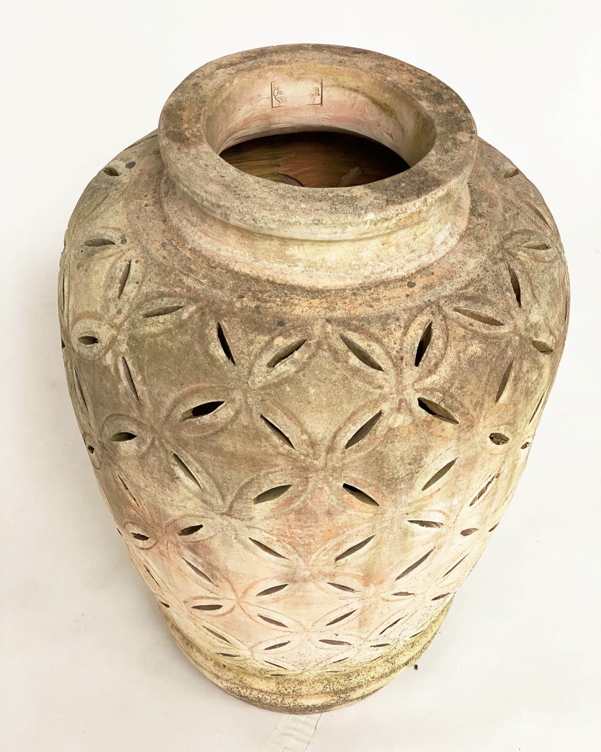 OLIVE JAR, stamped weathered terracotta with crescent piercing throughout, 76cm H. - Image 3 of 6