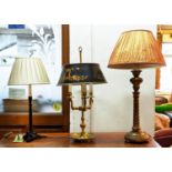 BOUILOTTE LAMP, with a tole shade 75cm H, a giltwood lamp with a pleated shade 80cm H and a small