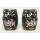 CHINESE STOOLS, a pair, Chinese ceramic, barrel shaped with birds and blossom decoration, 44cm H. (