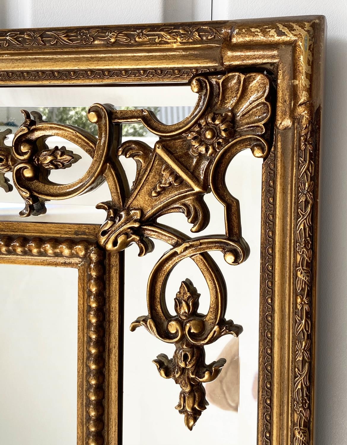 OVERMANTEL MIRROR, French style giltwood and gesso, beaded frame with marginal bevelled plates and - Image 4 of 4