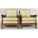 BERGERES, a pair, early 20th century English walnut and gilt framed and cane panelled with silk