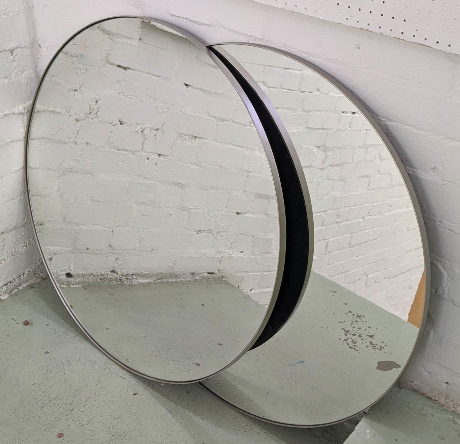 CIRCULAR WALL MIRRORS, a pair, 80cm diam, each, silvered finish frames. (2)