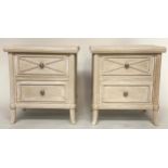 BEDSIDE CHESTS, a pair, Scandinavian style grey painted, each with two drawers and reeded pillars,