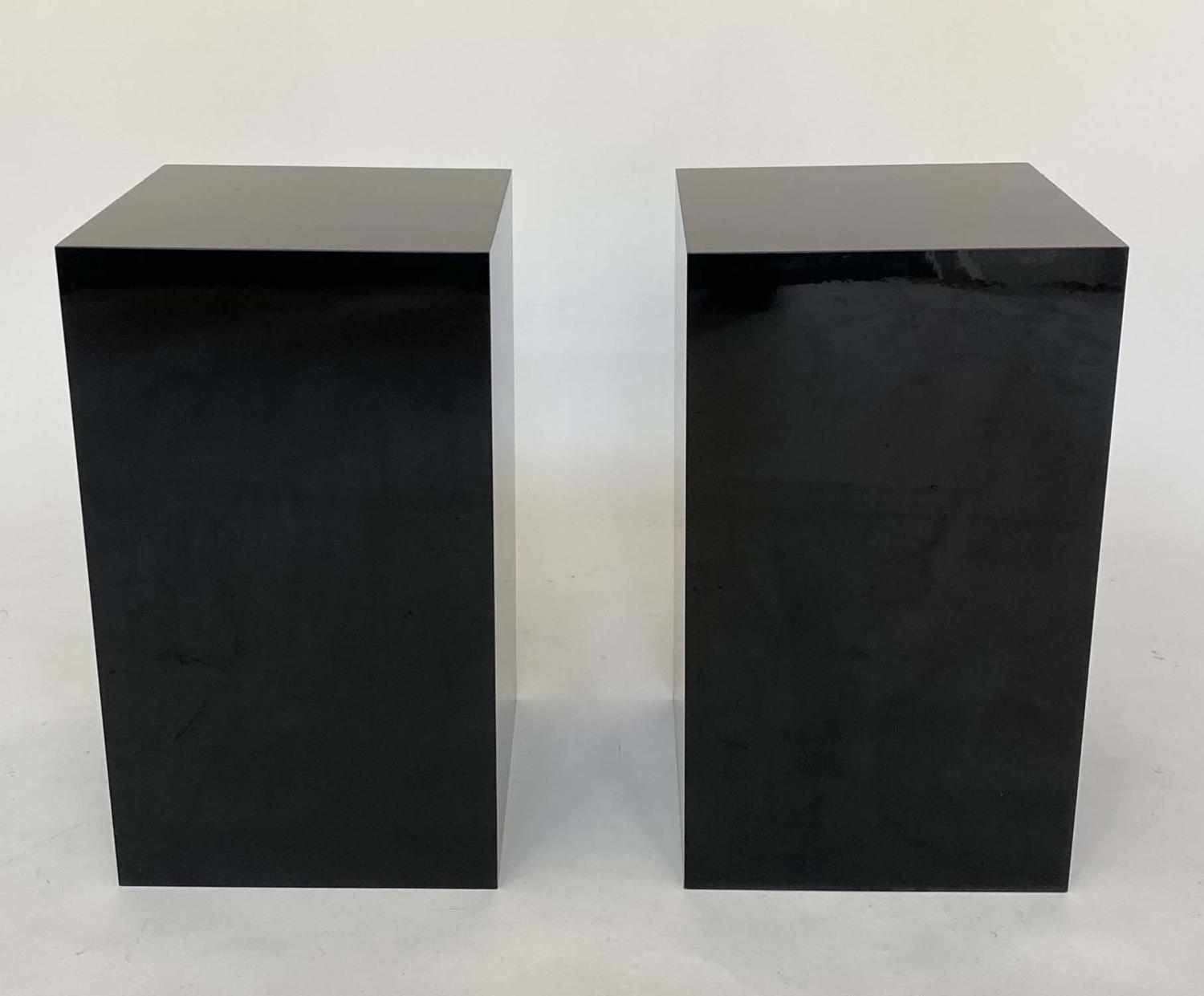 LAMP TABLE PLINTHS, a pair, black polished lucite square section form. (2) - Image 2 of 4