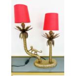 TABLE LAMP, 50cm high, 33cm wide, 15cm deep, gilt metal stand in the form of palm trees with a