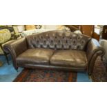 SOFA, 85cm H x 218cm, brown leather with twin seat cushions on front brass castors.