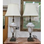 TABLE LAMPS, a pair, each 111cm H, including shades, white glass with gilt decorative detail. (2)