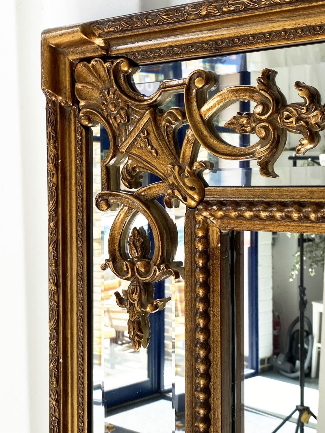 OVERMANTEL MIRROR, French style giltwood and gesso, beaded frame with marginal bevelled plates and - Image 2 of 4