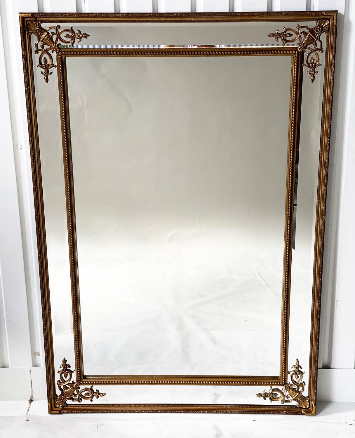 OVERMANTEL MIRROR, French style giltwood and gesso, beaded frame with marginal bevelled plates and
