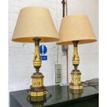 TABLE LAMPS, a pair, 72cm H overall with shades, painted with Grecian design. (2)
