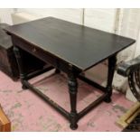 SIDE TABLE, 119cm W x 65cm D x 76cm H, 19th century ebonised pine with a frieze drawer and turned