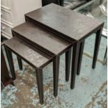 NESTING TABLES, a set of three, leathered finish, 66cm x 40cm x 61cm at largest.