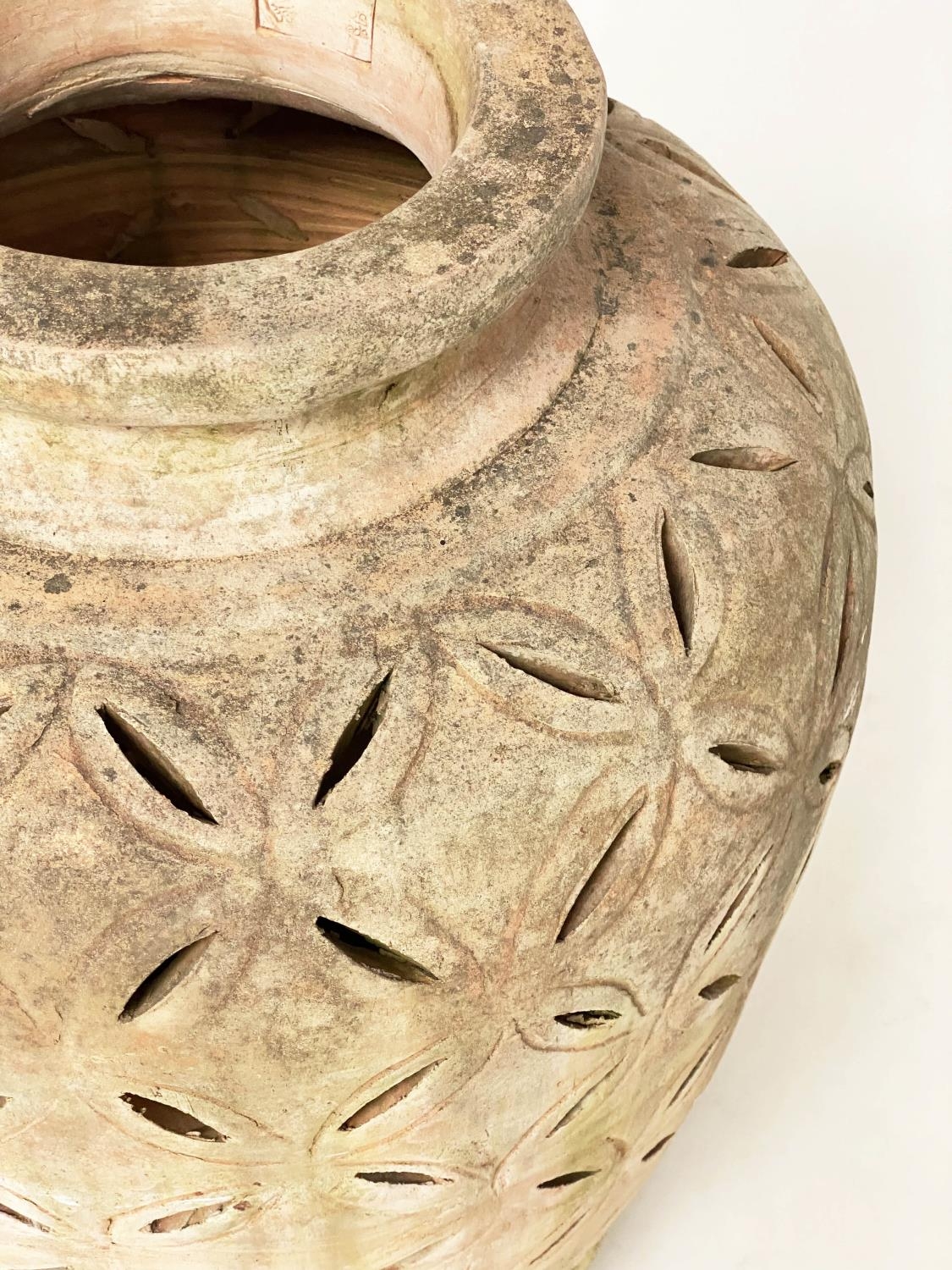 OLIVE JAR, stamped weathered terracotta with crescent piercing throughout, 76cm H. - Image 2 of 6